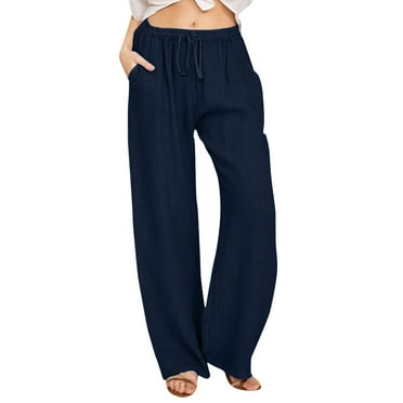 TOWED22 Linen Pants for Women, Summer Drawstring High Waist with Pockets Cotton Linen Palazzo Pants Beach Wide Leg Pant Trousers(Dark Blue,4XL)