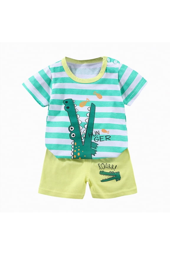 Little Boy Print Short Sleeve T-Shirt Shorts Summer Play Outfit Set Light Green,18-24 M
