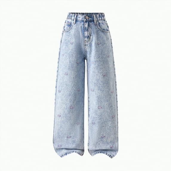 TOWED22 Little Girl Bow Baggy Jeans Elastic Waist Wide Leg Full Length Denim Pants Cool Y2K Casual Kids Trousers(Light Blue,13-14 Y)
