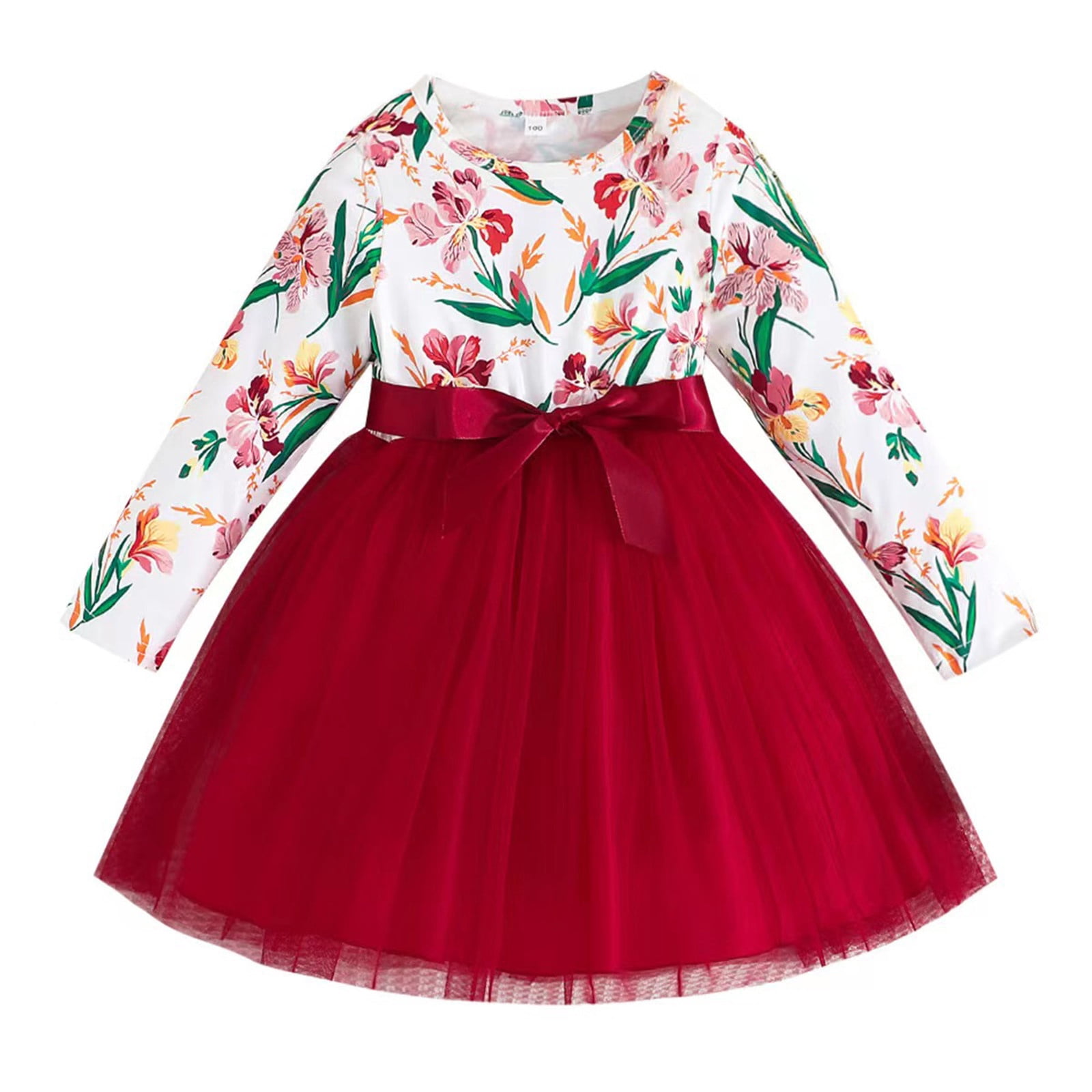 TOWED22 Little Girls' Long Sleeve Dresses Toddler Autumn Long Sleeve Flower Prints Mesh Dress