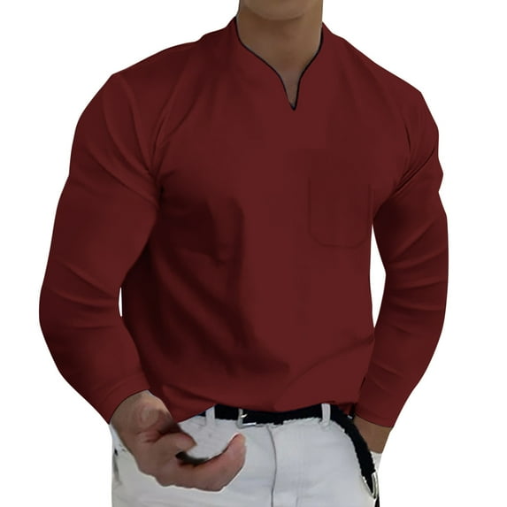 TOWED22 Men Long Sleeve Henley Shirt Solid Color Casual V Neck Thin Buttons T-shirt Male Clothing(Red,5XL)