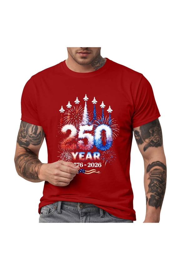 Men's 250th America Anniversary Casual Printed T-Shirt American Flag Shirt Men 250 Years of Freedom Shirt(Red,L)