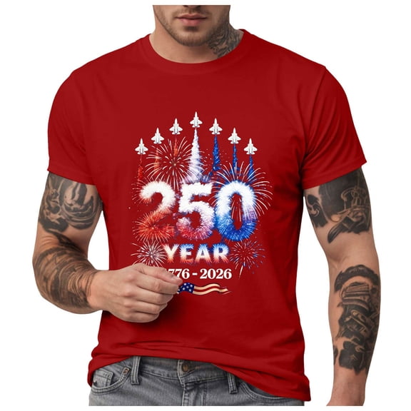 TOWED22 Men's 250th America Anniversary Casual Printed T-Shirt American Flag Shirt Men 250 Years of Freedom Shirt(Red,XL)