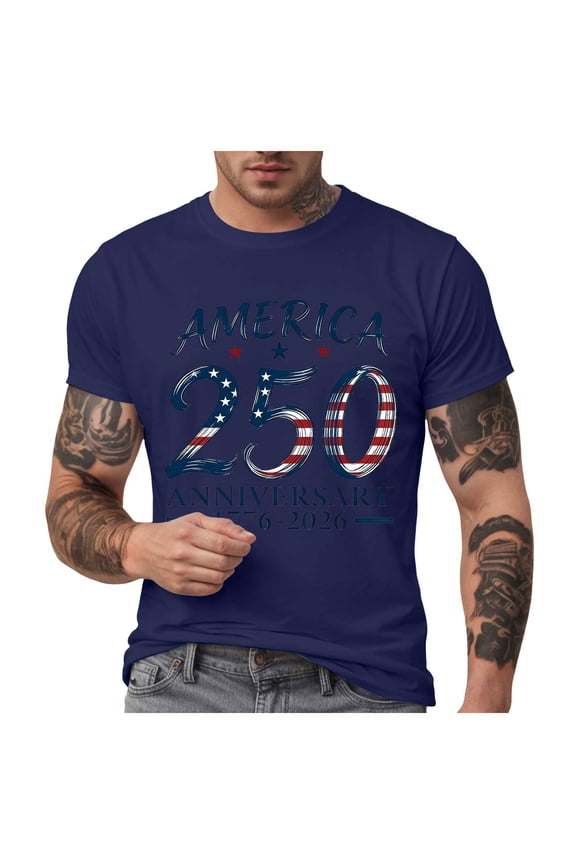 Men's America 250 Printed Casual T-Shirt 4Th of July American Flag Patriotic Tee(Dark Blue,XXL)