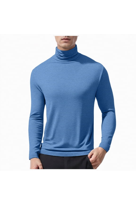 Men's Casual Cotton Mock Turtleneck Long Sleeve T-Shirts Solid Pullover Basic Lightweight Tee Tops(Light Blue,M)