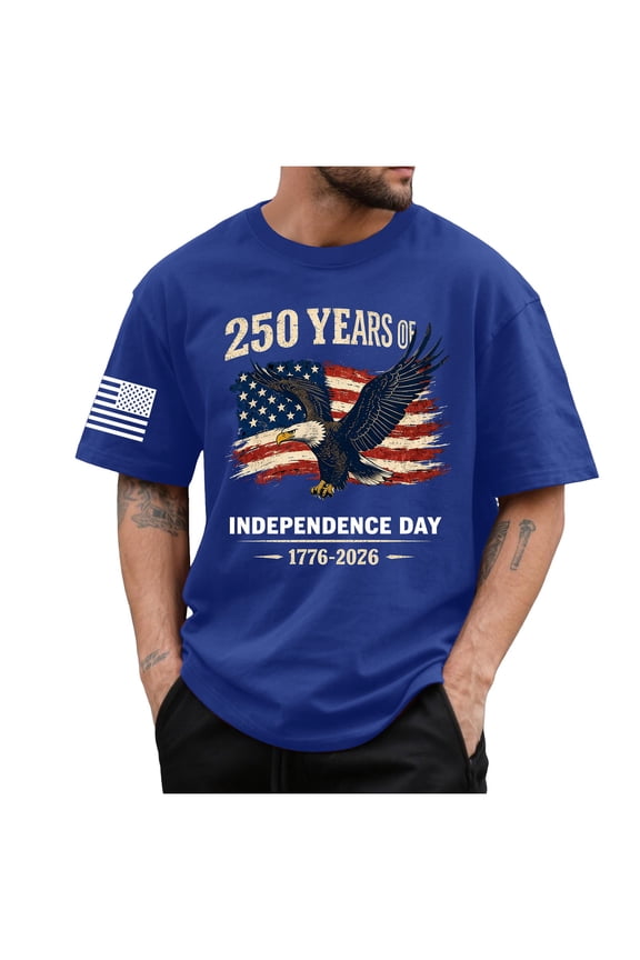 Men's Casual USA 250Th Anniversary Printed Short-Sleeve T-Shirt American 250Th Anniversary Patriotic Tee(Blue,XL)