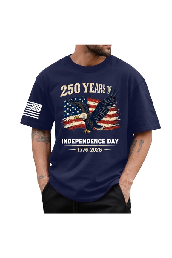 Men's Casual USA 250Th Anniversary Printed Short-Sleeve T-Shirt American 250Th Anniversary Patriotic Tee(Dark Blue,S)