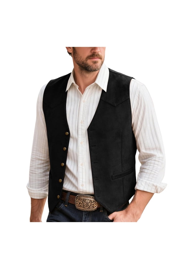 Men's Cowboy Suede Leather Vest Western Vest Cowhide Suede Waistcoat Men Vests(Black,XXL)