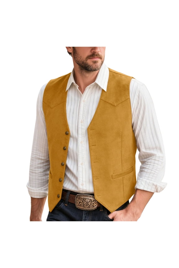 Men's Cowboy Suede Leather Vest Western Vest Cowhide Suede Waistcoat Men Vests(Gold,XL)