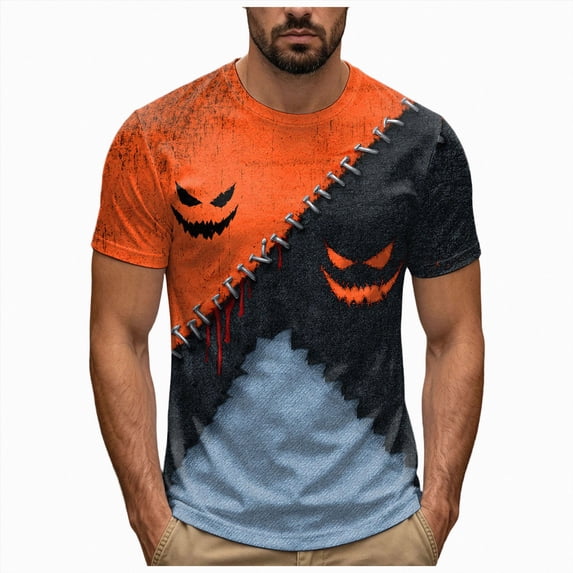 TOWED22 Men's Halloween Shirts Short Sleeve Halloween Tees Crewneck Print Halloween Tshirts Casual Holiday Halloween Tops(H160-Orange,L)