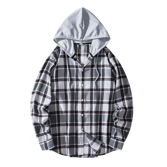 TOWED22 Men's Hooded Flannel Shirts Jackets Long Sleeve Lightweight Plaid Coat Button up Lattice Tops Outwear with Pockets(Grey,XL)