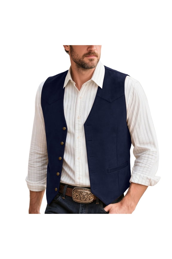 Men's Suede Leather Vest Casual Cowboy Western Vests Mens Waistcoat(Navy,XXL)