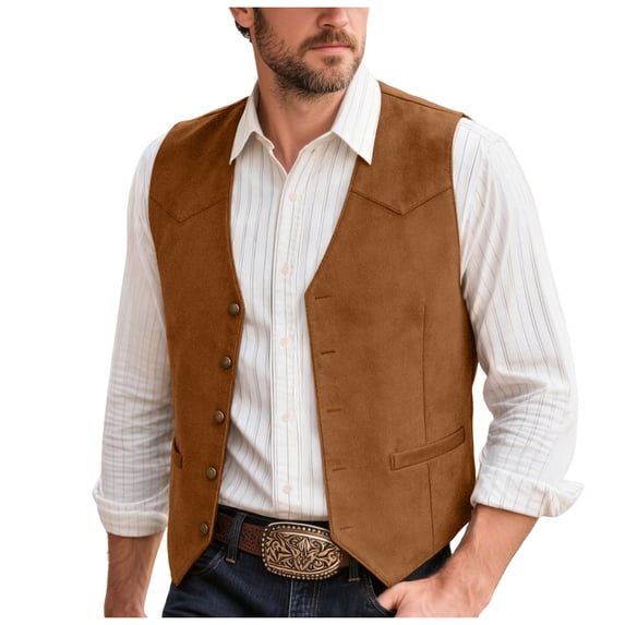 TOWED22 Men's Suede Leather Vest Western Cowboy Vest Slim Fit Sleeveless V Neck Waistcoat Casual(Brown,XL)