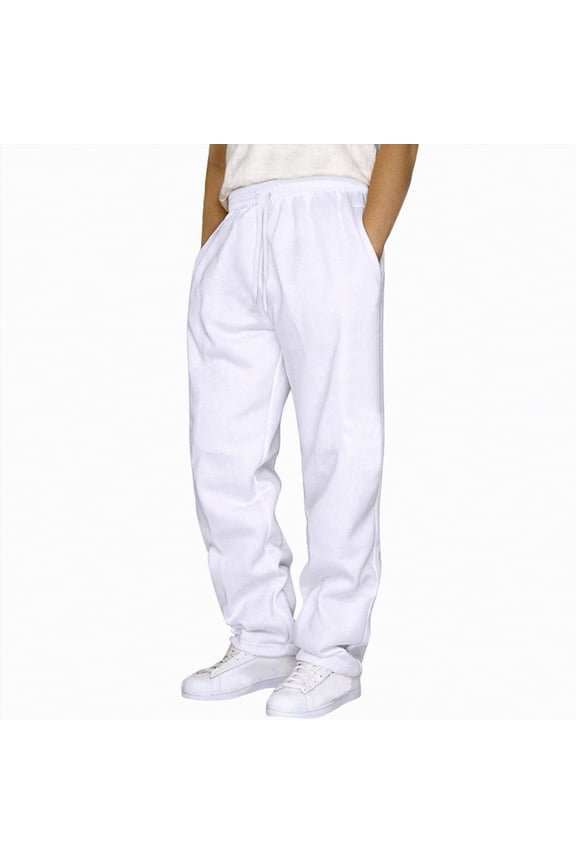 Men's Lightweight Sweatpants Open Bottom Sweat Pants for Men Straight Leg Gym Sweatpants Lounge Pants with Pockets(White,S)