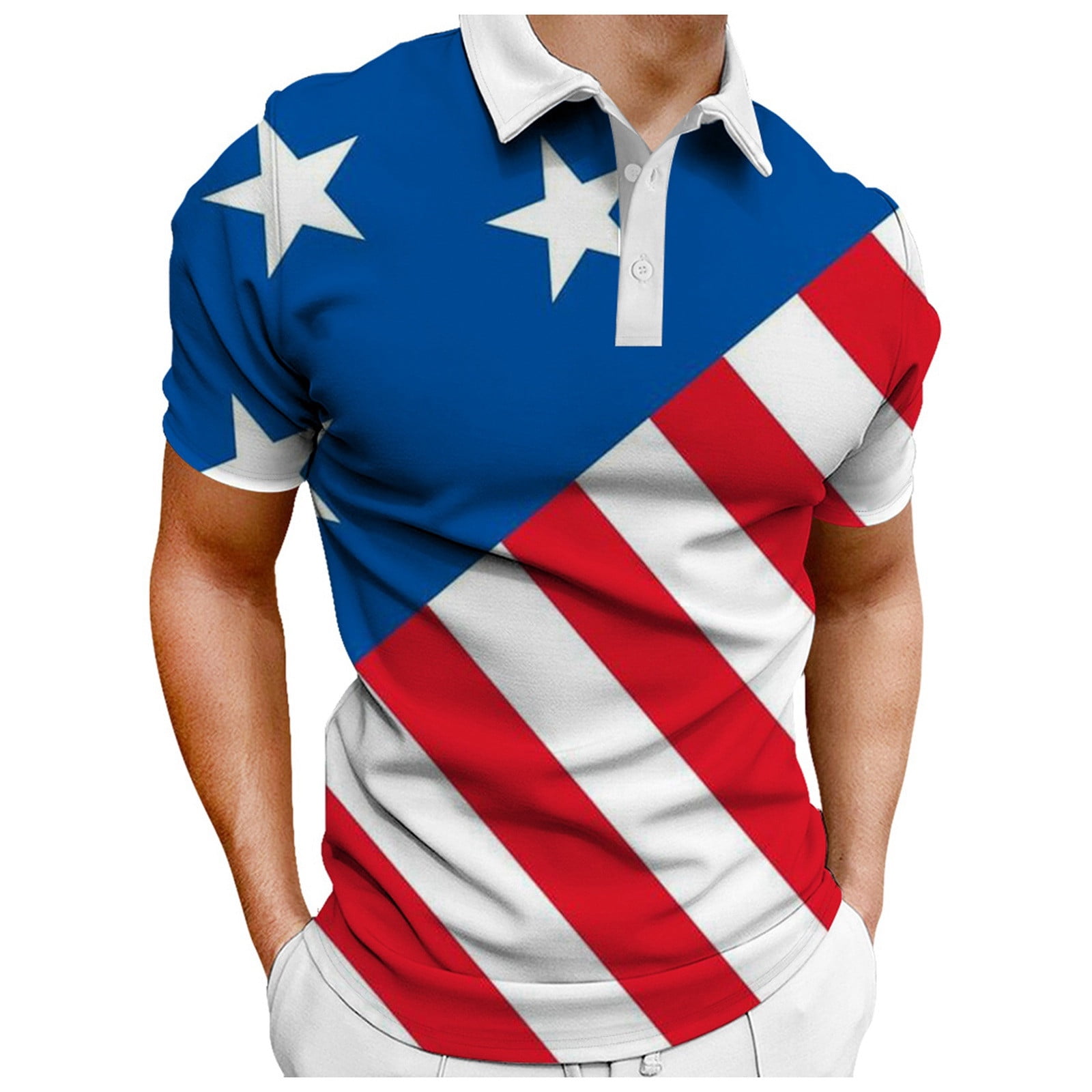 Men's V-neck 3D Non-Stretch American Flag Button Up Polo Shirt main image 0