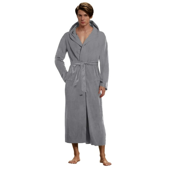 TOWED22 Mens Bathrobe, Soft Plush Long Fleece Robe, Full Length, Comfy Nightdress(A03-Grey,M)
