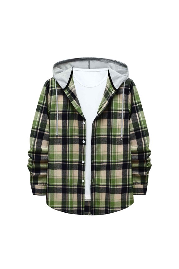 Mens Flannel Hoodie Shirts Long Sleeve Button up Hooded Shirt Loose Regular Fit Hem Pullover Sweatshirts(Green,S)