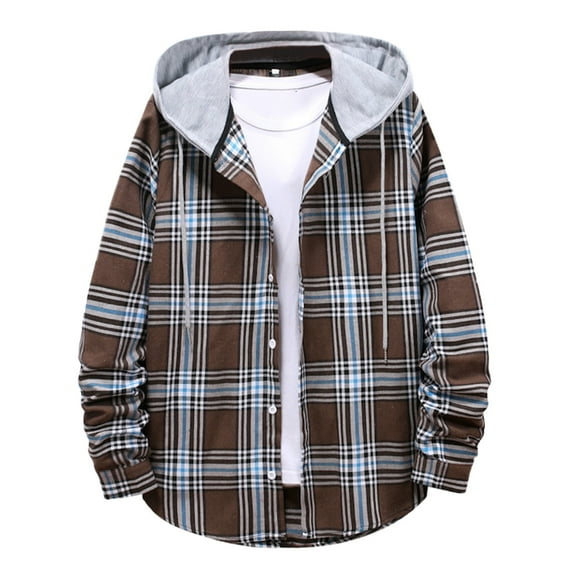 TOWED22 Mens Plaid Flannel Hooded Shirts Casual Fall Winter Long Sleeve Button up Flannel Shirts(Coffee,L)