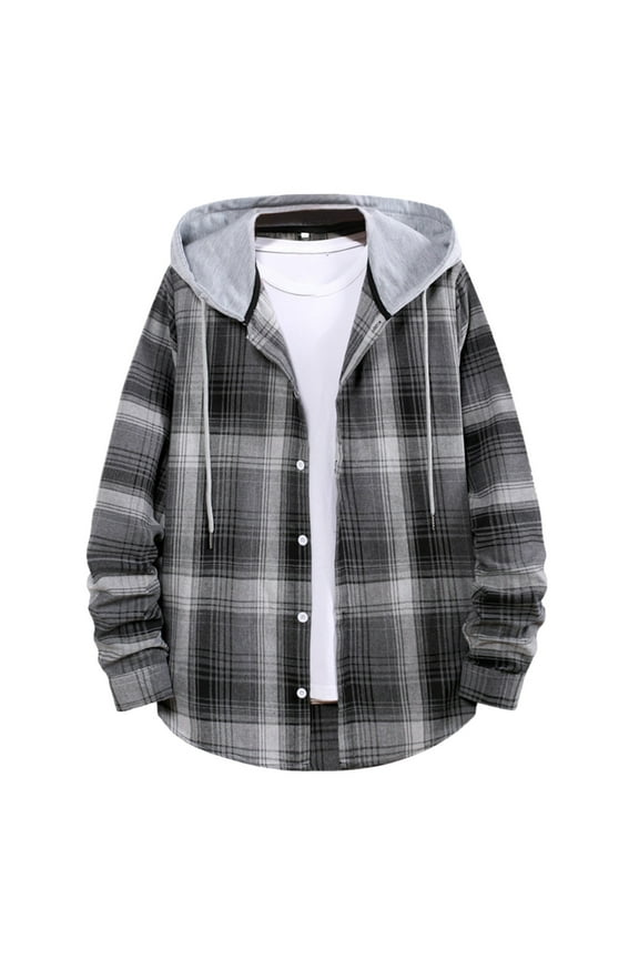 Mens Plaid Flannel Hooded Shirts Casual Fall Winter Long Sleeve Button up Flannel Shirts(Grey,XL)