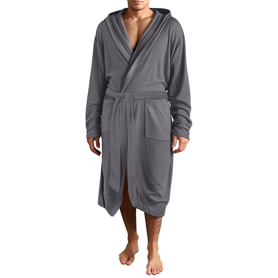 TOWED22 Mens Robe Hooded Big and Tall - Long Plush Fleece Bath Robe with Hood and Pockets- Gift Men and Teens(A04-Grey,XL)
