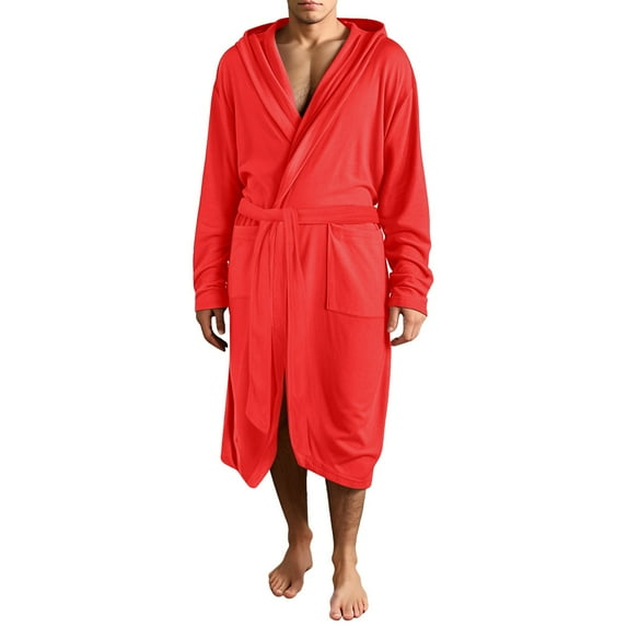 TOWED22 Mens Robe Hooded Big and Tall - Long Plush Fleece Bath Robe with Hood and Pockets- Gift Men and Teens(A04-Red,S)