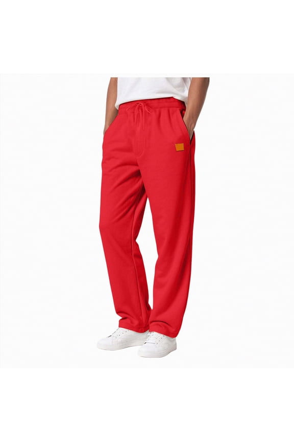Mens Sweatpants Baggy Straight Wide Leg Open Bottom Casual Pants Elastic Waist Workout Athletic Joggers Pockets Sweat Pants(Red,L)