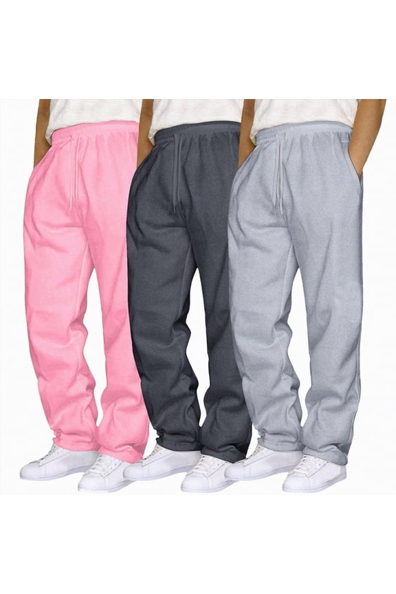 Mens Sweatpants Open Bottom Baggy Sweat Pants for Men Straight Leg Fleece Loose Fit Gym Athletic Sweatpants Pockets(Pink,L)