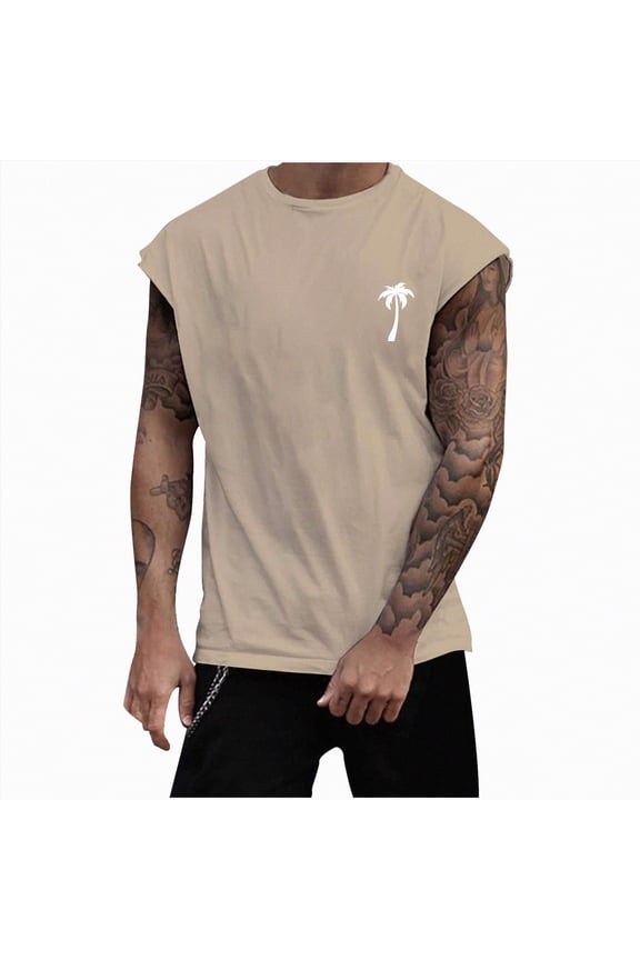 Mens Tank Tops Sleeveless Fitted Trendy Summer Tops Workout Shirts(Khaki,L)