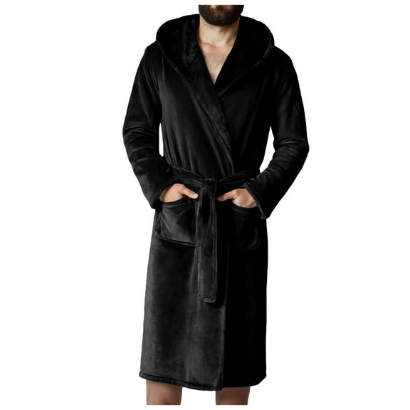 TOWED22 Mens Terry Bath Robe, Plush Hooded Cotton Cloth Knee-Length Robes for Spa, Shower, Soft Towel Bathrobes with Pockets(A01-Black,4XL)