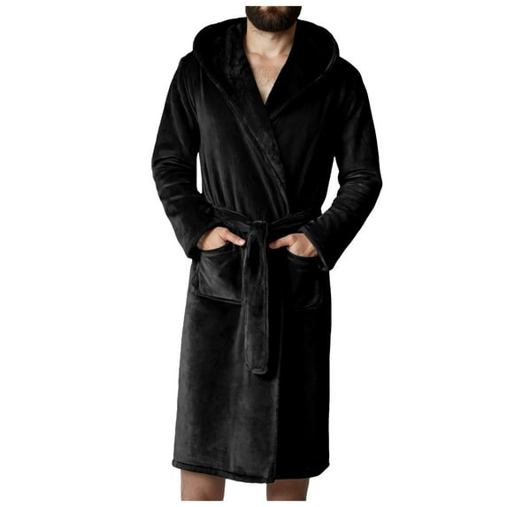 TOWED22 Mens Terry Bath Robe, Plush Hooded Cotton Cloth Knee-Length Robes for Spa, Shower, Soft Towel Bathrobes with Pockets(A01-Black,5XL)