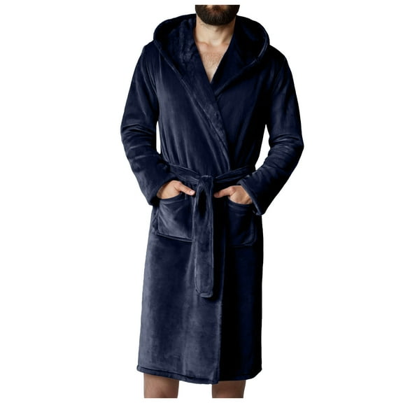 TOWED22 Mens Terry Bath Robe, Plush Hooded Cotton Cloth Knee-Length Robes for Spa, Shower, Soft Towel Bathrobes with Pockets(A01-Blue,3XL)