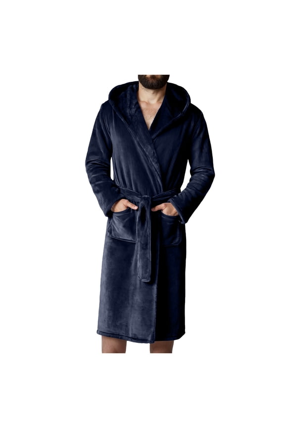 Mens Terry Bath Robe, Plush Hooded Cotton Cloth Knee-Length Robes for Spa, Shower, Soft Towel Bathrobes with Pockets(A01-Blue,XXL)