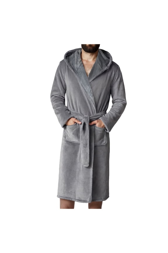Mens Terry Bath Robe, Plush Hooded Cotton Cloth Knee-Length Robes for Spa, Shower, Soft Towel Bathrobes with Pockets(A01-Grey,L)