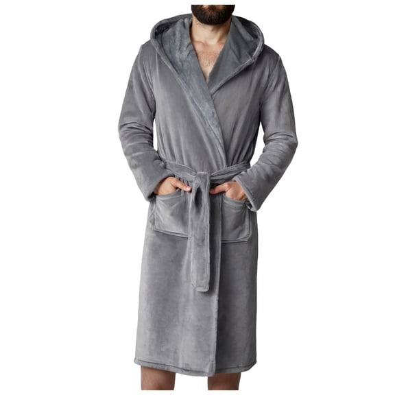TOWED22 Mens Terry Bath Robe, Plush Hooded Cotton Cloth Knee-Length Robes for Spa, Shower, Soft Towel Bathrobes with Pockets(A01-Grey,M)