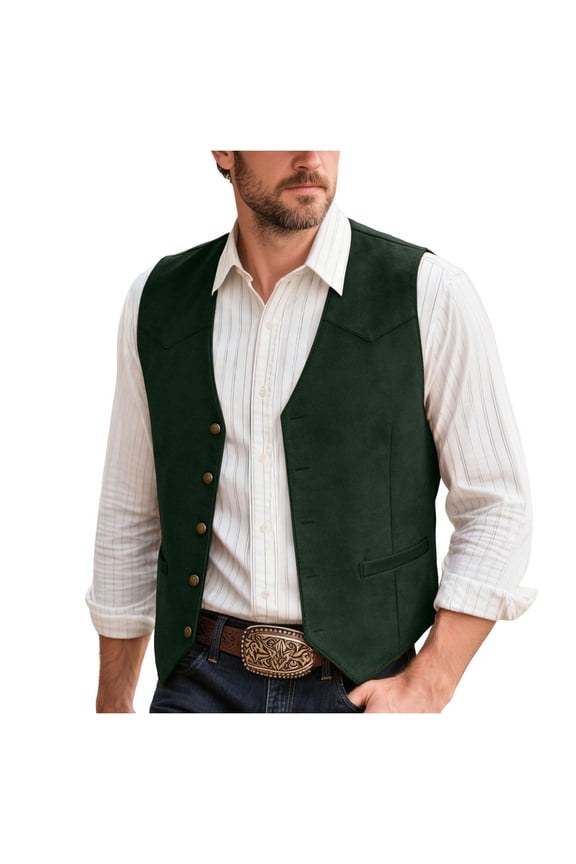 Mens V Neck Suit Vest Retro 5 Button Suede Leather Regular Fit Casual Waistcoat for Prom,Husband Gift,Daily Wear(Green,XL)