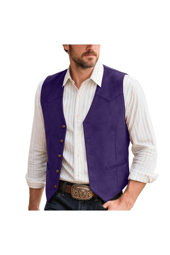 Mens V Neck Suit Vest Retro 5 Button Suede Leather Regular Fit Casual Waistcoat for Prom,Husband Gift,Daily Wear(Purple,L)