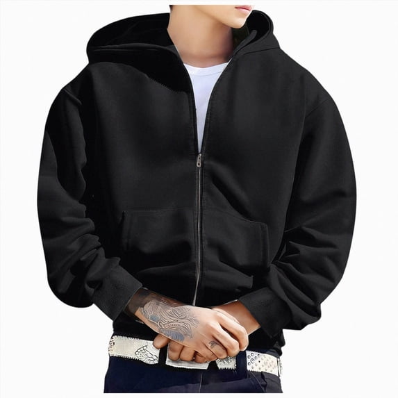 TOWED22 Mens Zip Up Hoodie Fleece Zipper Hooded Jacket Sweatshirt Lightweight with Pockets Long Sleeve Solid Color Drawstring Hoodies,Black,S