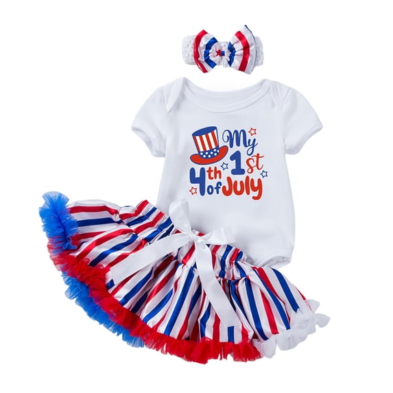 TOWED22 My 1st 4th Of July Baby Girl Outfits Newborn Clothes Ruffled Romper American Flag Infant Dress Headband 0-18 Months(Red,0-3 M)