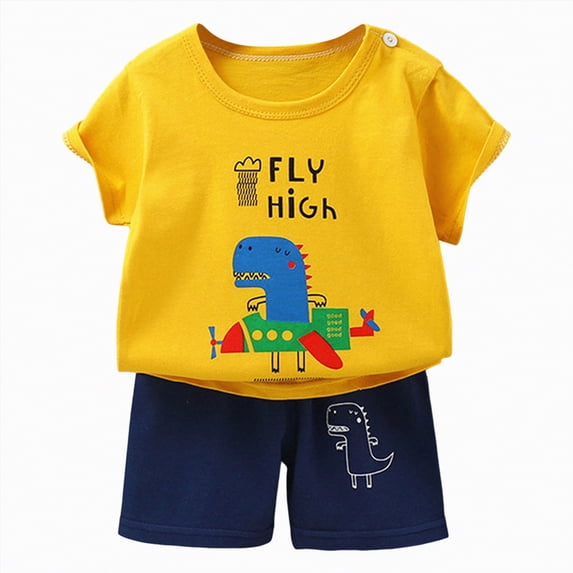 TOWED22 Newborn Baby Boy Clothes 2pcs Short Sleeve Top Drawstring Shorts Little Bear Adventure Pattern Outfits(Yellow,5-6 Y)