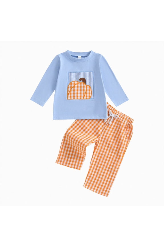 Newborn Baby Boy Fall Clothes Long Sleeve Round Neck Pumpkin Embroidery Sweatshirt Top Long Pants Cute Toddler Winter Outfits,Blue,6-12 M