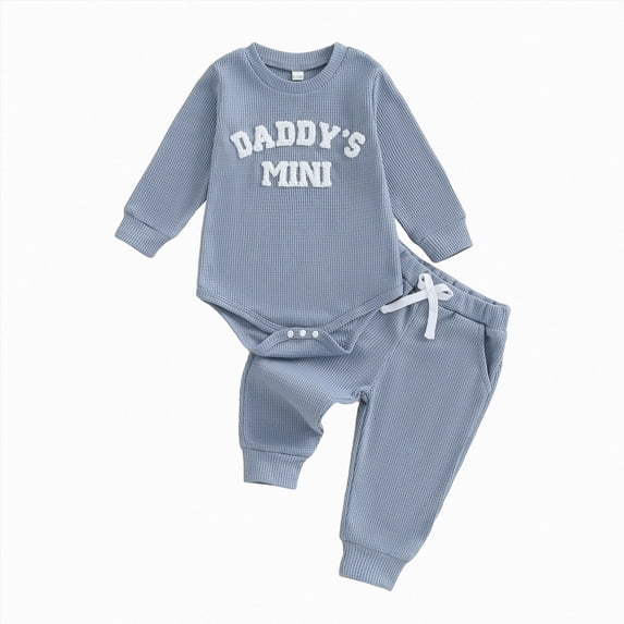 TOWED22 Newborn Baby Boy Fall Outfit Romper Long Sleeve Letter Printed Jumpsuit Bodysuit Elastic Waist Pants Infant Waffle Clothes,Blue,12-18 M