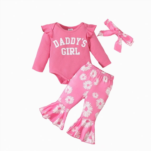 TOWED22 Newborn Baby Girl Clothes 3pcs Infant Rib Frill Long Sleeve Romper Flared Pants Headband Set Fall Winter Outfits,0-3 M