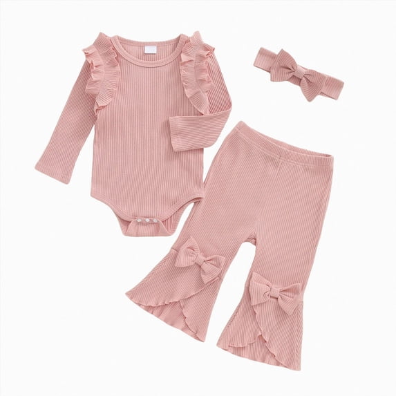 TOWED22 Newborn Baby Girl Clothes 3pcs Rib Frill Long Sleeve Romper Flared Pants Headband Set Fall Winter Outfits,3-6 M