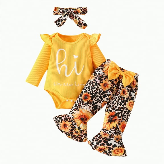 TOWED22 Newborn Baby Girl Clothes Fall Winter Outfits Pants Set with Headband for Infant Girls 0 3 6 9 12 18 Months(Yellow,9-12 M)