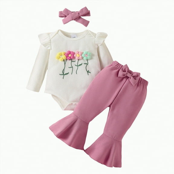 TOWED22 Newborn Baby Girl Clothes Infant Fall Winter Romper Floral Pants Cute Baby Girl Outfits 3PC Set(Hot Pink,0-3 M)