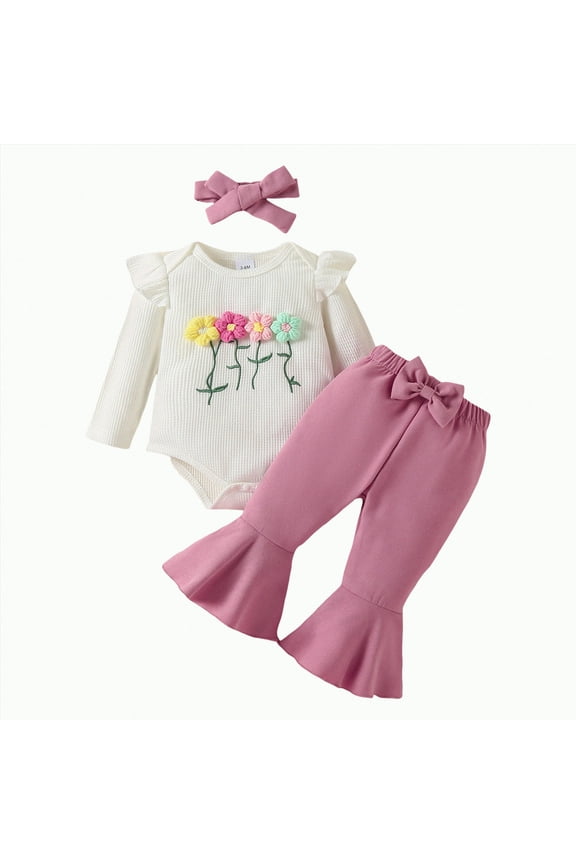 Newborn Baby Girl Clothes Infant Fall Winter Romper Floral Pants Cute Baby Girl Outfits 3PC Set(Hot Pink,0-3 M)