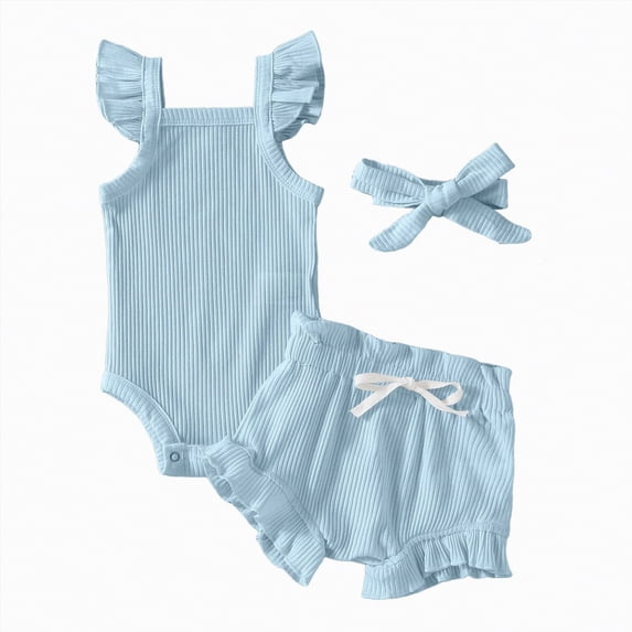 TOWED22 Newborn Baby Girl Clothes Mama is My Bestie Outfit Short Sleeve Romper Shorts Headband 3Pcs Summer Clothes Set Light Blue,0-3 M