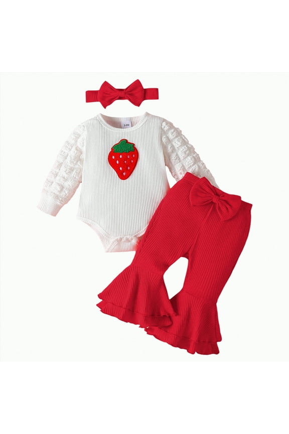 Newborn Baby Girl Clothes Ribbed Long Sleeve Ruffle Romper Bell-Bottom Pants Headband Set 3Pcs Fall Winter Outfits(Red,12-18 M)