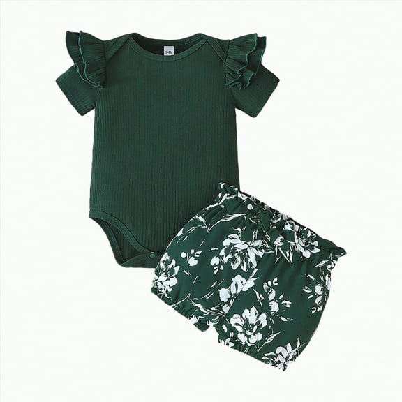 TOWED22 Newborn Baby Girl Clothes Summer Knit Ribbed Floral Print Short Sleeve Romper Shorts Headband Outfit Set(Dark Green,6-9 M)