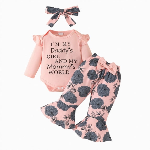 TOWED22 Newborn Baby Girl Fall Clothes Romper Flare Pants Set Headband 3Pcs Infant Winter Outfits,9-12 M